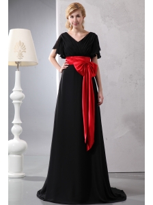 Beautiful Red and Black V-neck Bow Prom Dress  Brush Train Chiffon and Taffeta Empire