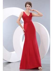 Elegant Red Column V-neck Ruch Bridesmaid Dress Floor-length Taffeta