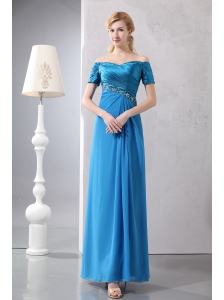 Modest Sky Blue Column Prom Dress Off The Shoulder Ankle-length Taffeta and Chiffon Beading