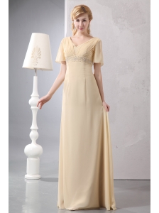 Modest Light Yellow Empire Prom Dress V-neck Chiffon Beading Floor-length