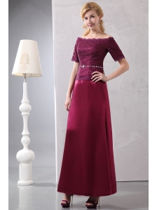 Simple Mother Of The Bride Dress Burgundy Column Off The Shoulder Ankle-length Taffeta and Lace