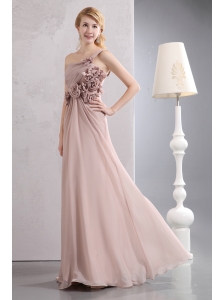 Unique Light Pink Empire Prom Dress One Shoulder Hand Made Flowers Floor-length Chiffon