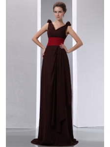 New Brown Column V-neck Ruch Mother Of The Bride Dress Brush Train Chiffon