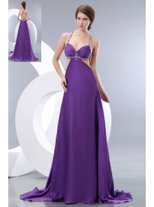 Sexy Purple Prom / Evening Dress Straps Brush Train Elastic Woven Satin Beading Empire
