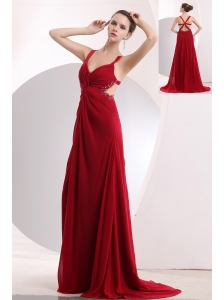 Sexy Wine Red Empire Straps Prom / Evening Dress Brush Train Chiffon Beading