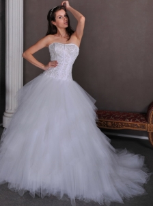 Elegant A-line Strapless Appliques Ball Gown Wedding Dress Chapel Train Satin and Tulle