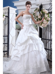 Affordable A-line Strapless Beading and Appliques Wedding Dress Court Train Organza