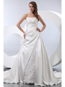 Luxurious A-line Strapless Chapel Train Satin Ruch Wedding Dress