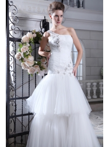 Perfect Mermaid One Shoulder Low Cost Wedding Dress Tulle Beading and Appliques Floor-length