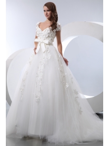 Pretty A-line V-neck Chapel Train Taffeta and Tulle Hnad Made Flowers Low Cost Wedding Dress