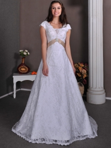 Pretty A-line V-neck Wedding Dress Taffeta and Lace Beading Court Train