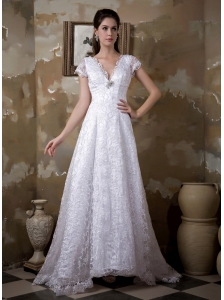 Luxurious A-line V-neck Lace Wedding Dress Brush Train