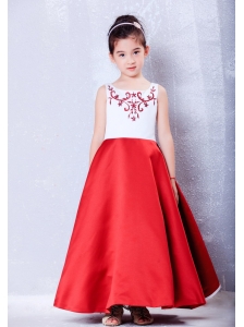 Custom Made White and Red A-line Scoop Embroidery Flower Girl Dress Ankle-length Taffeta