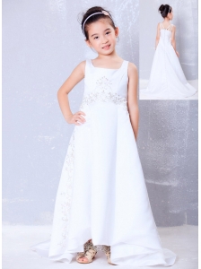 Luxurious White A-line Square Beading Flower Girl Dress  Brush Train Satin