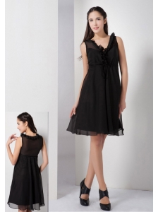 Sweet Black A-line V-neck Little Black Dress Knee-length Chiffon