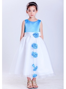 Customize White and Baby Blue A-line Scoop Hand Made Flowers Flower Girl Dress Tea-length Taffeta and Organza