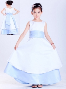 Customize White and Light Blue A-line Scoop Sash Flower Girl Dress Ankle-length Taffeta