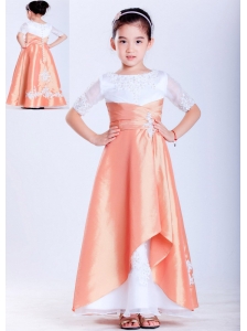 Elegant White and Orange A-line Scoop Appliques Flower Girl Dress Ankle-length Taffeta and Organza