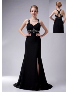Exquisite Black A-line Straps Mother Of The Bride Dress Brush Train Chiffon Beading