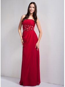 Exquisite Wine Red Empire Strapless Appliques With Beading Prom Dress Floor-legnth Chiffon