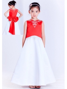 Low Price White and Red A-line V-neck Ankle-length Satin Bow Embroidery Flower Girl Dress