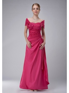 Modest Hot Pink Column Off The Shoulder Mother Of The Bride Dress Ankle-length Taffeta Ruch