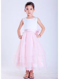 Popular White and Pink A-line Scoop Hand Made Flower Flower Girl Dress Ankle-length Taffeta
