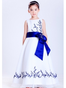 Pretty White and Blue A-line Scoop Embroidery Flower Girl Dress Ankle-length Satin and Organza