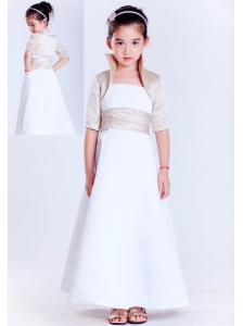 Simple White A-line Strapless Beading Flower Girl Dress  Ankle-length Satin