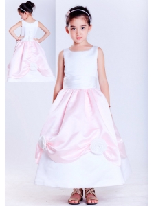 Sweet White and Pink A-line Scoop Hand Made Flowers Flower Girl Dress Ankle-length Taffeta