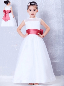 To Seller White and Coral Red A-line Bateau Bow Flower Girl Dress Ankle-length Organza and Taffeta