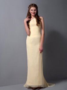 Cheap Light Yellow Halter Top Bridesmaid Dress with Brush Train