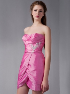 Lovely Rose Pink Column Sweetheart Mini-length Taffeta Appliques Bridesmaid Dress