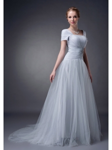 Modest Gray A-line Square Mother Of The Bride Dress Brush Train Tulle Appliques