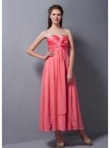 Pretty Watermelon Red Empire Strapless Hand Made Flower Bridesmaid Dress Ankle-length Chiffon and Taffeta