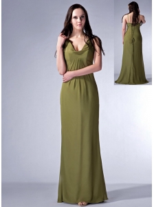 Cheap Olive Green Cloumn V-neck Bridesmaid Dress Chiffon Ruch Floor-length