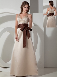 Customize A-line V-neck Bridesmaid Dress Satin Sash Floor-length