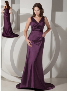 Customize Dark Purple Column / Sheath V-neck Bridesmaid Dress Taffeta Brush / Sweep Train