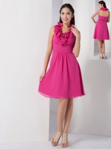 Hot Pink A-line Halter Bridesmaid Dress Chiffon Ruch Knee-length