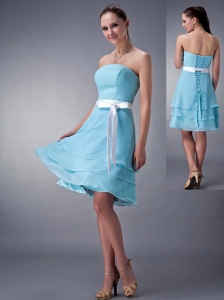 Aqua Blue Empire Strapless Bridesmaid Dress Chiffon Sash Knee-length