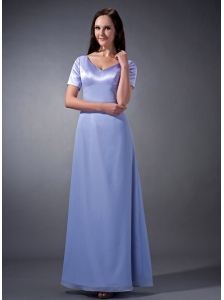 Latest Lilac Cloumn V-neck Bridesmaid Dress Chiffon Ruch Ankle-length