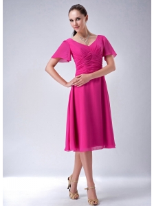 New Hot Pink A-line / Princess V-neck Bridesmaid Dress Chiffon Tea-length