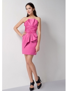 Popular Rose Pink Column Ruch Bridesmaid Dress Strapless Mini-length Taffeta