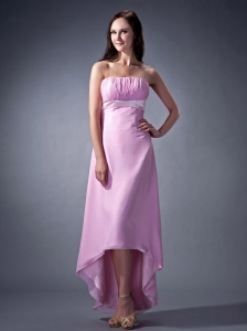 Remarkable Pink Cloumn Strapless Bridesmaid Dress Ruch High-low Chiffon