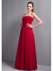 Romantic Red Empire Strapless Bridesmaid Dress Chiffon Pleat Floor-length