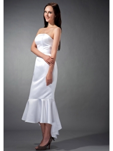 Simple White Mermaid Strapless Bridesmaid Dress Tea-length Elastic Woven Satin Ruch