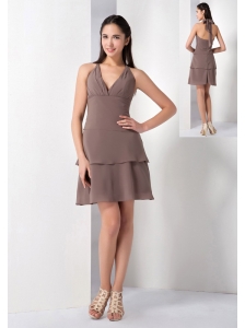 The Brand New Style Brown A-line Halter Bridesmaid Dress Chiffon Mini-length