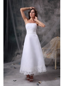 Custom Made White Beach Wedding Dress Column Strapless Satin Beading and Ruch Tea-length
