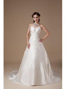 Ivory A-line Strapless Wedding Dress Appliques Satin Court Train