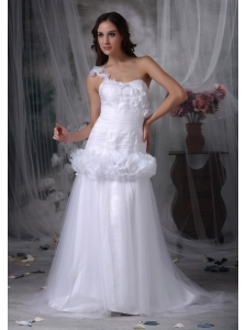 Beautiful A-line One Shoulder Low Cost Wedding Dress Taffeta and Tulle Hand Made Flowers Brush Train